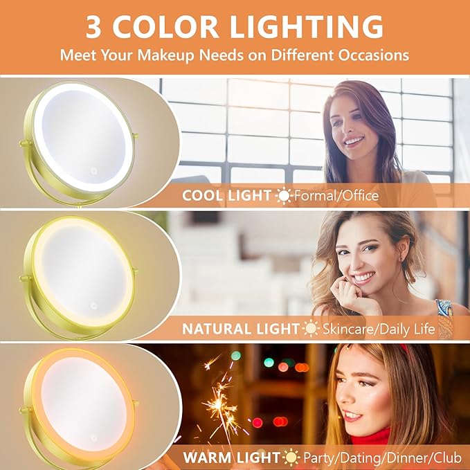 Auxmir 8'' Wall Mounted Lighted Makeup Mirror, 3200mAh Rechargeable Double-Sided 1X/20X Magnifying Mirror with Light, Touch Dimmable 3 Color Light, 360° Rotation Foldable Extended Arm, Gold