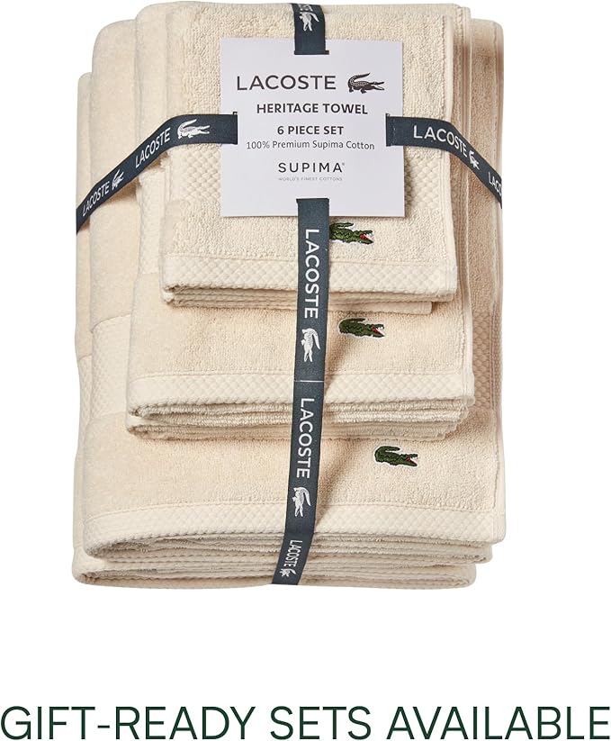 Lacoste Heritage 100% Supima Cotton Hand Towel, Chalk, 16" x 30" – Highly Absorbent & Quick Drying, Premium Super Soft Bath Towel, Bathroom Essential, Gift for All Occasions, Machine Washable