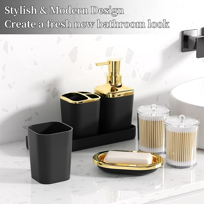 XLHOMO Black Bathroom Accessories Set, Black and Gold Bathroom Accessories with Trash Can, Tray, Soap Dispenser, Soap Dish, Toothbrush Holder, Toothbrush Cup,Toilet Brush and Qtip Holders