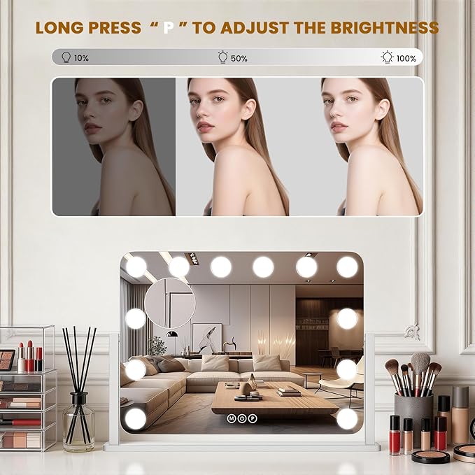 Vanity Mirror with Lights, 18"×14" Hollywood Makeup Mirror with 12 Dimmable Bulbs, 3-Color Lighting, Dimmable, 360° Rotation, 10x Magnification, Desk Mirror, Bedroom (White)