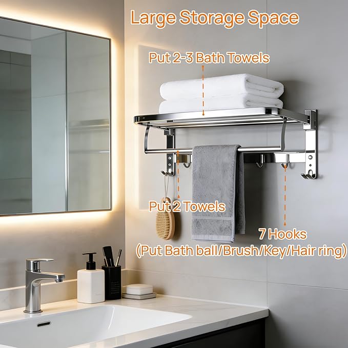 24" Double Towel Rack with 7 Hooks, SUS304 Stainless Steel Towel Bar Towel Rack with Shelf, 90° Foldable Towel Holder, for Bathroom Wall Mounted.（Mirror Polished Silver）