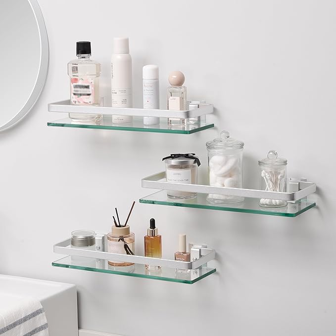 KES 3 Pack Glass Shelf for Bathroom, Glass Bathroom Shelf Floating Glass Shelf for Wall Aluminum Extra Thick 8MM Tempered Glass Shelves Rectangular Wall Mount Silver, A4126A-P3