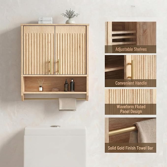 HOOBRO Bathroom Wall Cabinet with Towel Rack, Farmhouse Fluted Medicine Cabinet, Wall Mounted Storage with Adjustable Shelf, Space Saving Organizer for Bathroom, Natural
