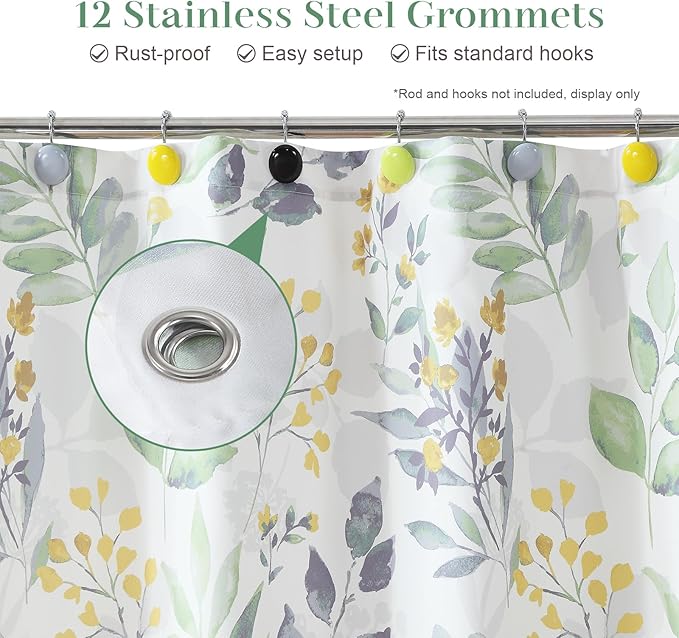 Sage Green Yellow Leaf Floral Shower Curtain, Watercolor Plant Fabric Shower Curtain, Waterproof Decorative Boho Botanical Bathroom Curtains, 72" W x 78" H