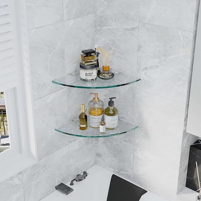 Set of 4 Bathroom Corner Glass Shelf Tempered Glass Shelves for Shower Wall Corner Caddy Basket Triangle Wall Shower Shelf Shampoo Bottle Holder No Drilling Adhesive Wall Mount Bathroom Shelf
