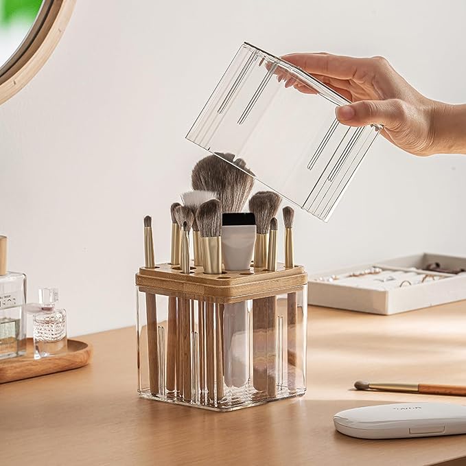 MORNITE Clear Makeup Brush Organizer with Lid, Freestanding 16-Slot Display Case Container Storage for Eyeliners, Lip Liners, Pencils Vanity or Bathroom Countertop Storage