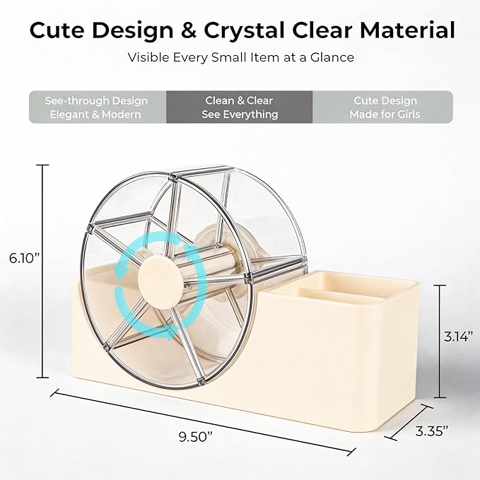 Hair Accessories Organizer with 5-Section Rotating Case | 2-Slot Comb & Hair Brush Holder | Cute Bathroom Vanity Caddy for Hair Tiles, Clips, Scrunchies, Other Accessories | Girls Vanity Décor (Cream)