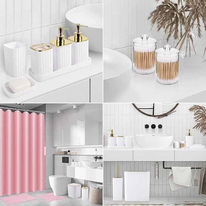 XLHOMO 26PC Bathroom Set - Gorgeous White Bathroom Set, Bathroom Accessories Set, Pink Shower Curtain Set with Bathtub Mats for Shower Tub