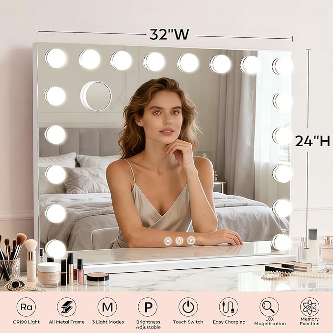 Vanity Mirror with Lights Large, Hollywood Lighted Makeup Mirror with 18 Dimmable Bulbs, 3 Color Lights, 10X Magnifier, USB/Type-C Charging, Gifts for Women, White (32" W x 24" H)