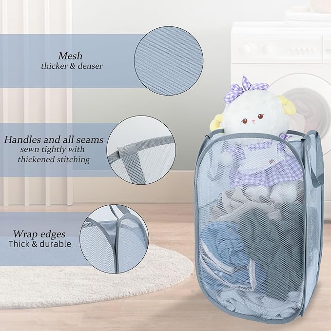 Upgraded 100L Extra Large Collapsible Laundry Hampers. Pop Up Laundry Basket Mesh with Pocket, Fold Compact, Large Hold Portable Travel Laundry Bag for Dorm Storage Bin, Grey. V