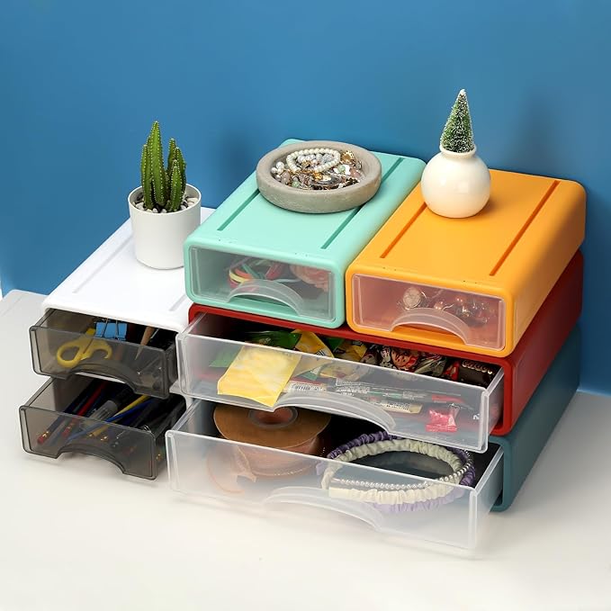 PATIKIL Small Stackable Storage Drawers, Stacking Drawers Mini Desk Bathroom Storage Organizer Cute Drawer Organizer Plastic for Desktop Office Pens Makeup Tape, 4Pcs, White