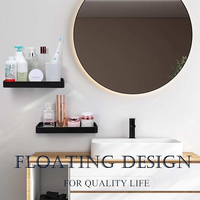 Z metnal Small Glass Bathroom Shelves, Matte Black Floating Shelf, Mini Wall Shelf for Bathroom Organizer, Wall Mounted (Clear Glass, 20 inch/50cm),1 pcs