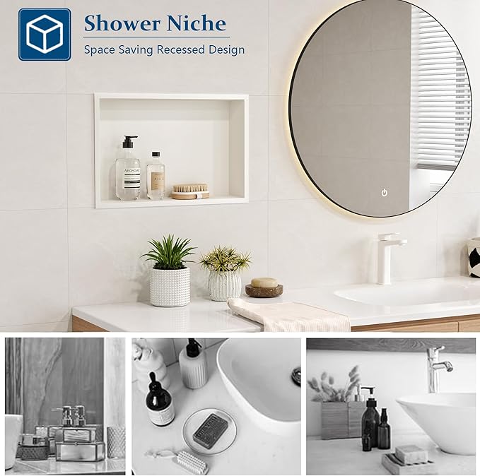 Neodrain Shower Niche, Insert Bathroom Storage Shower Shelf, Stainless Steel Recessed Wall Niche No Tiled Recessed Cabinet Waterproof for Shower Storage(White,18"x12")