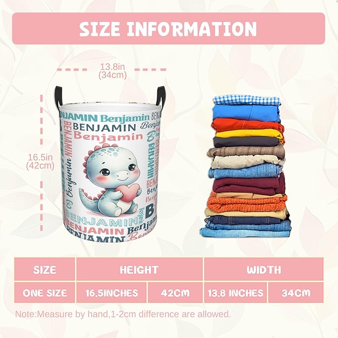 Custom Dinosuar Laundry Baskets, Personalized Dinosaur Gifts with Customized Name, Collapsible Laundry Hamper for Kids Adults Home Decoration,16.5 X 13.8in