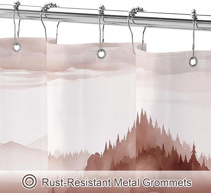 Burgundy Small Stall Misty Pine Forest Shower Curtain 36 x 72, Mountain Foggy Woodland Scenery Tree Narrow Half Size Shower Curtains for Bathroom, Abstract Waterproof Nature-Themed Decor