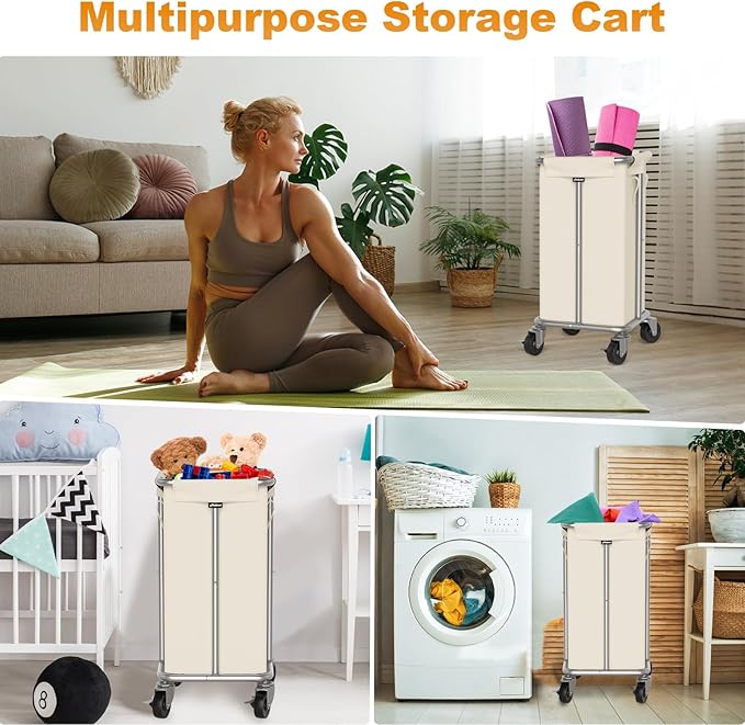 Hodonas Laundry Basket with Wheels, 115L Rolling Laundry Hamper Large Dirty Clothes Hamper Cart with Steel Frame and Removable Bag, Bedroom Bathroom Dorm Room Laundry Room Organization Hampers, Beige