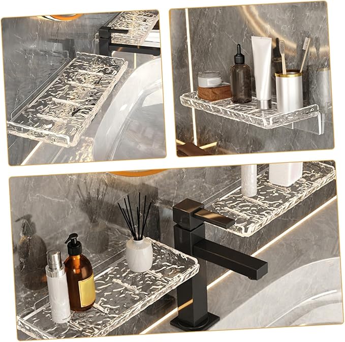 SHINEOFI 2pcs Transparent Wave Pattern Floating Wall Shelf Bathroom Storage Rack Organizer No Drilling Easy Install for Kitchen Toilet Sundries Bathroom Stand Sink