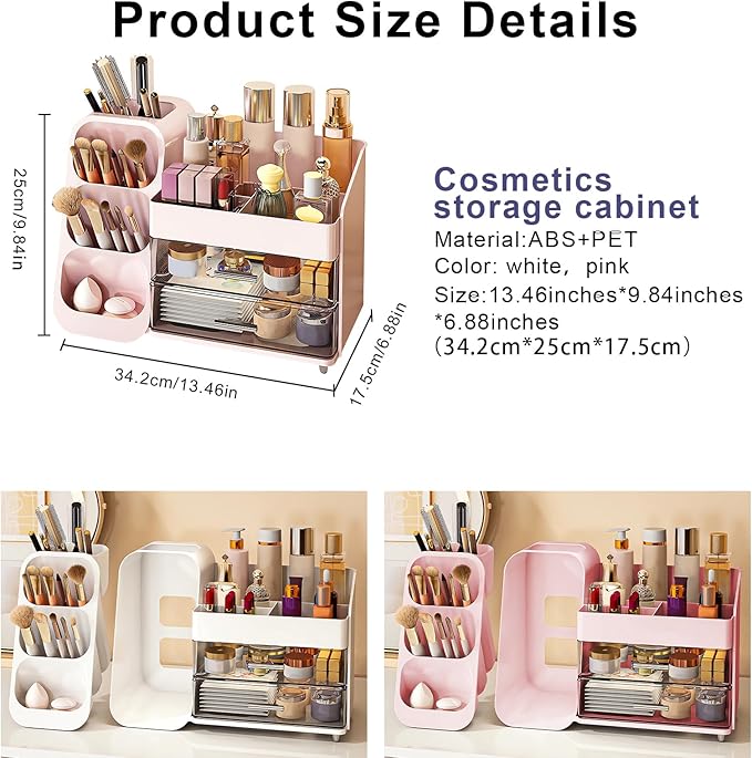 DASITON Makeup Organizer with Brush Holder for Vanity, Bathroom Countertop Organizer with 2 Drawers, Large skincare storage organizers for perfume, lipstick, Nail Polishes and Beauty Essential (Pink)