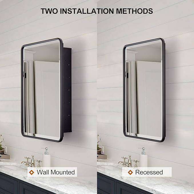 Black Bathroom Medicine Cabinet with Mirror 16 x 24 Metal Frame Recessed Or Wall Mounted Single Door Storage Medicine Cabinet with Adjustable Shelves Rounded Rectangle Beveled Mirror