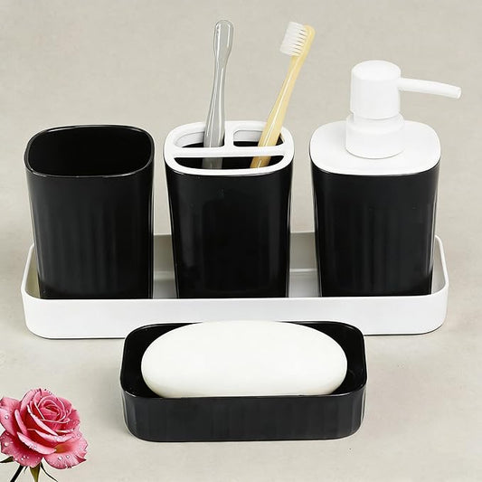 Bathroom Accessories Set 5pcs- Bathroom Set, Plastic Bathroom Accessory Sets with Lotion Soap Dispenser, Soap Dish, Toothbrush Holder, Toothbrush Cup, Vanity Tray, Boho, Modern Bath Decor, Matte Black
