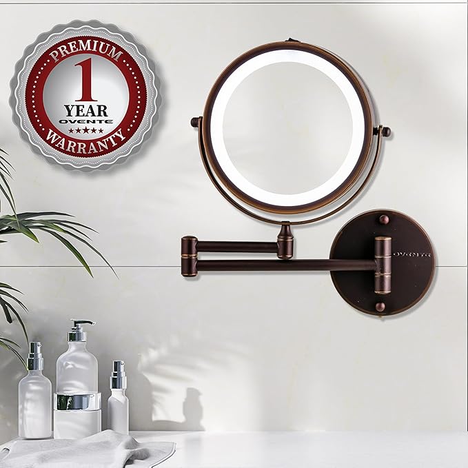 OVENTE Wall Mounted Lighted Makeup Mirror, 7" Double Sided 1X/10X Magnifying Vanity Mirror for Bathroom with LED Lights, Cordless, 360° Rotation and 13" Extendable Arm, Antique Bronze MFW70ABZ1X10X