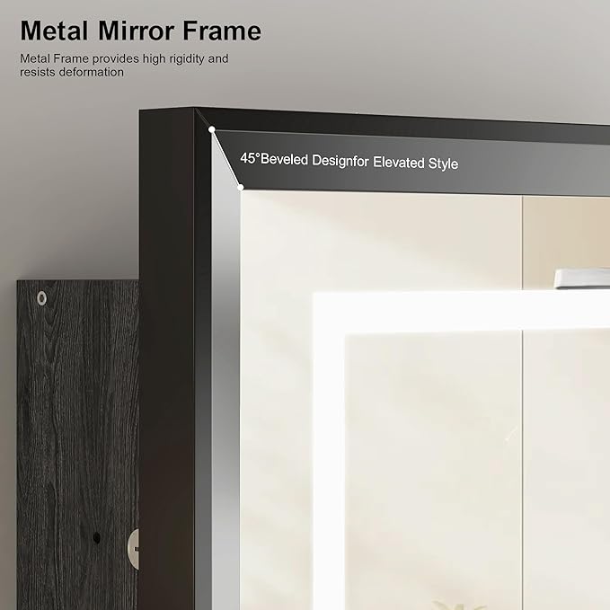 Recessed LED Medicine Cabinet with Lights,Beveled Aluminum Frame, 20x30 Black Bathroom Lighted Medicine Cabinet with Mirror, 3-Light Color Dimmable, with Adjustable Glass,Assembly Required