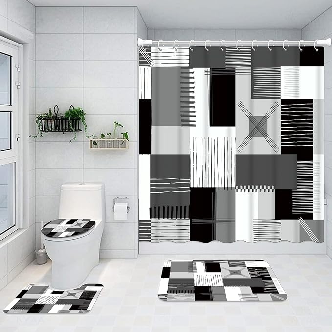 All Smiles Black Shower Curtain Sets with Non-Slip Rugs,Toilet Lid Cover and Bath Mat,White and Gray Bathroom Decor Set Accessories Waterproof Shower Curtains