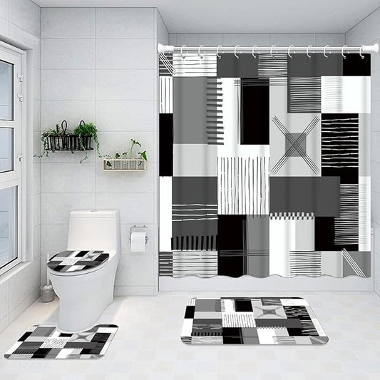 All Smiles Black Shower Curtain Sets with Non-Slip Rugs,Toilet Lid Cover and Bath Mat,White and Gray Bathroom Decor Set Accessories Waterproof Shower Curtains