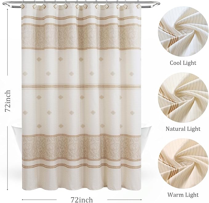 Fabric Shower Curtain, Waterproof for Bathroom with Beige Tan Stripe, 72" W x 72" H