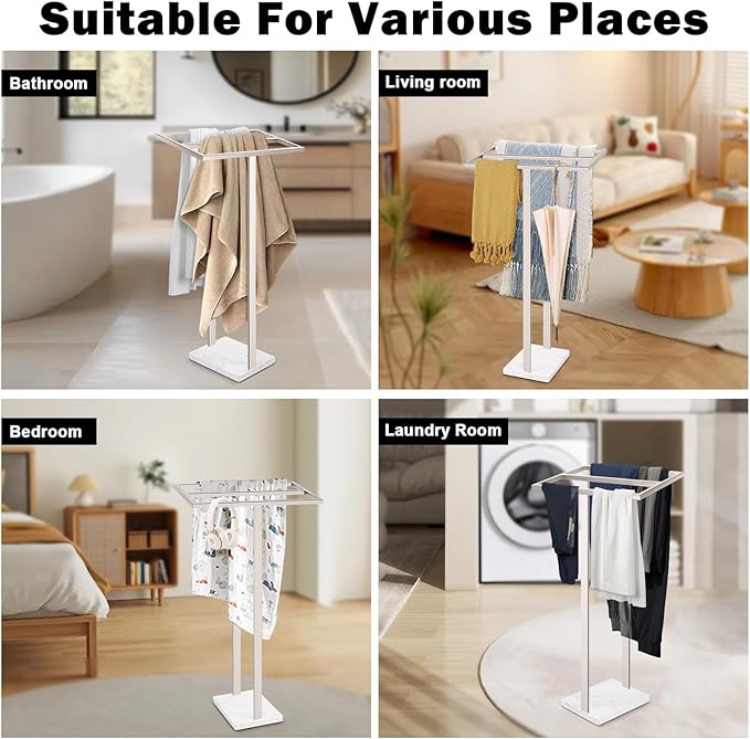 Livabber Standing Towel Rack, 304 Stainless Steel 2 Tier Towel Holder Stand with Heavy Marble Base, Stylish Floor Towels Bar for Bathroom Accessories, Laundry Room, Pool (Brushed Nickel)