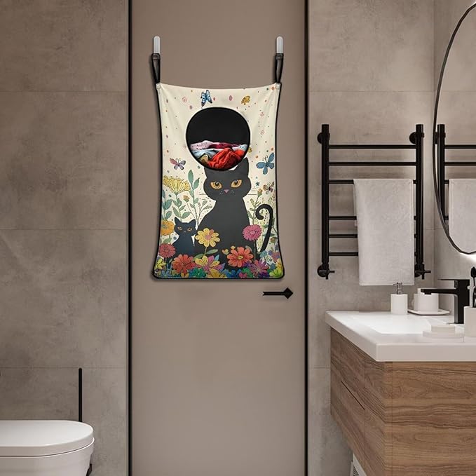 ZOUTAIRONG Black Cat Flower Hanging Laundry Hamper Kids Girls Laundry Basket Laundry Hamper Space Saving Home Storage Organizer Clothes Hampers