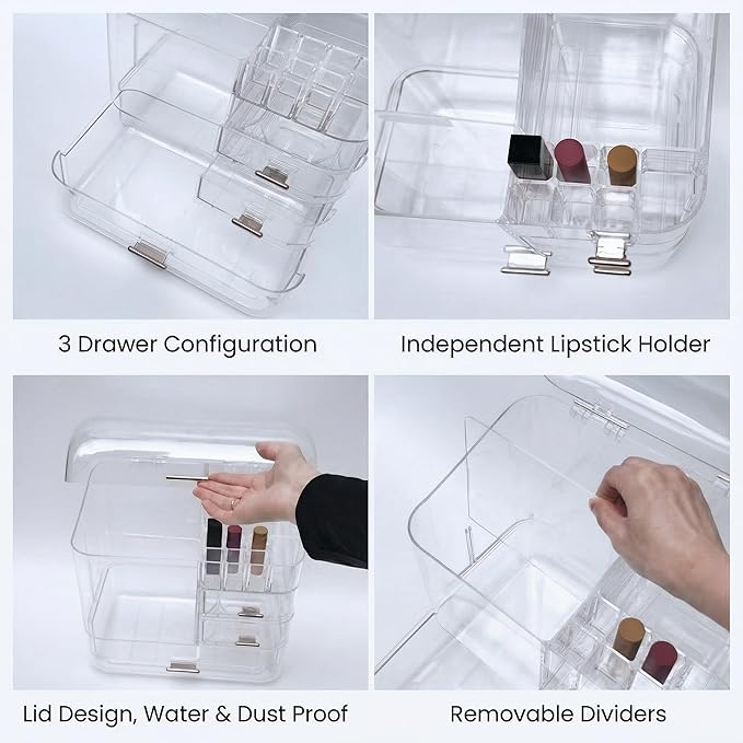 Luxury Makeup Organizer with 3 Drawers & Dustproof Flip Lid, Large Capacity Cosmetic Display Case for Vanity, Clear Countertop Skincare Storage with 6 Lipstick Slots