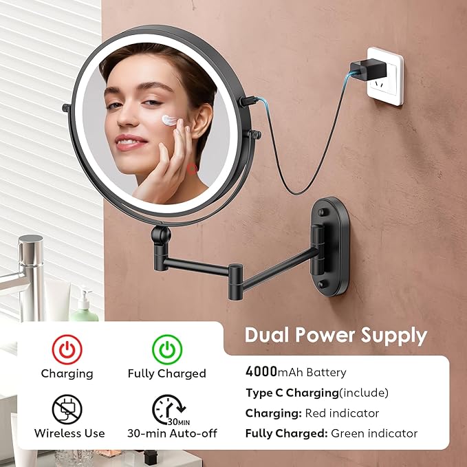 ZLOKLA 9" Wall Mounted Lighted Makeup Mirror,4000mAh Rechargeable Double Sided 1X/30X Magnifying Mirror with Light,Touch Dimmable,Extended Arm 360 Rotation Wall Mounted Makeup Mirror 3 Color Lights