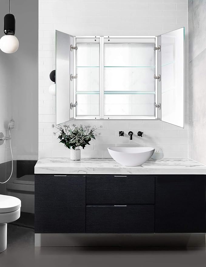 Krugg Kinetic LED Medicine Cabinet| Recessed or Surface Mount Mirror Cabinet w/Dimmer & Defogger (30"x30")