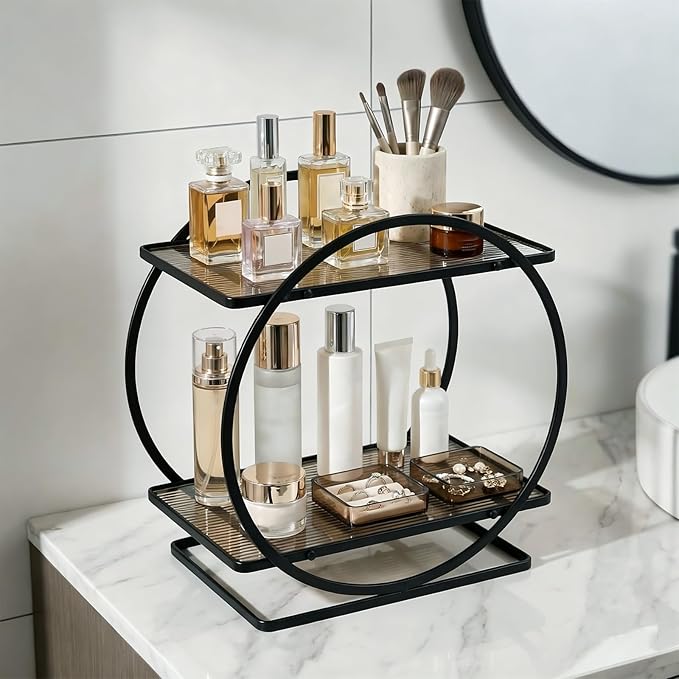 BO2702 2 Tier Bathroom Organizer, Perfume Organizer for Dresser, Black