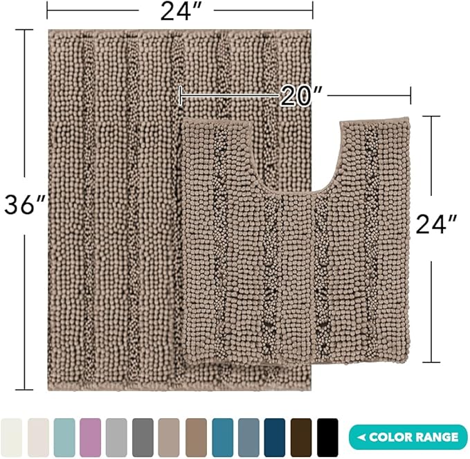 Turquoize Chenille Bathroom Rugs Set Non-Slip Bath Mats for Bathroom Super Absorbent Shaggy Rugs for Tub Shower Toilet Bath Rug Plus U Contour Rug(Oversized: 24" x 36" and 20" x 24" U), Taupe Brown