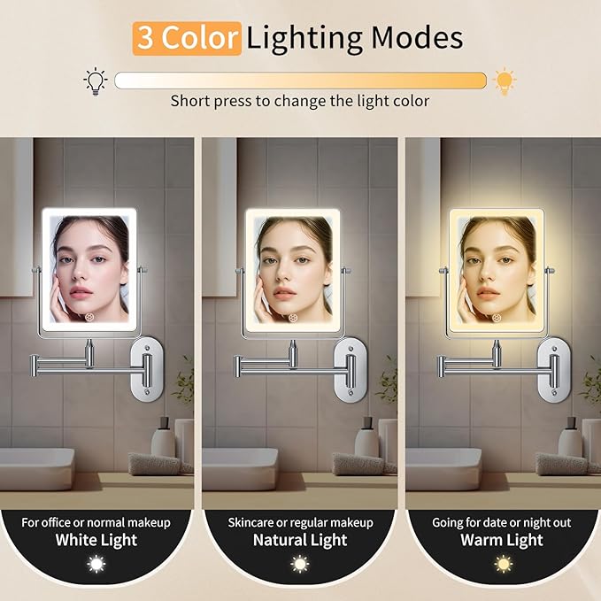 FUNTOUCH 5000mAh Rechargeable Wall Mounted Makeup Mirror with Lights, 8.7" Double Sided 1X/30X Magnifying Mirror with Dimmable 3 Color Light, Extended Swing Arm 360° Wall Mount Bathroom Vanity Mirror