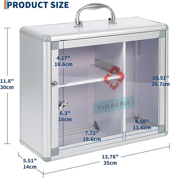 Garvee Medium Lockable Medicine Cabinet with Handle,Protable First Aid Cabinet Wall Mount with Sticker for Bathroom,13.78"×5.51"×11.81",Sliver