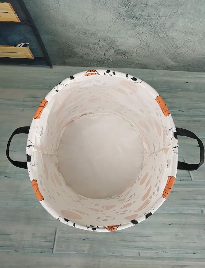 KUNRO Round Basketball Football Laundry Gift Basket Storage Hamper, Clothes Storage Organizer Bins, Shelf Basket with Handles for Room Decor (Balls)