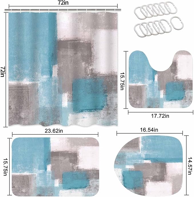 Lnond 4Pcs Bathroom Shower Curtain Sets with Rugs,Sky Blue and Grey White Abstract Painting Bathroom Sets with Shower Curtain and Rugs and Accessories
