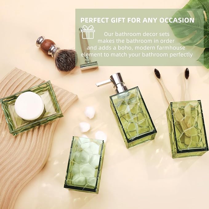 GAHEFY Green Bathroom Accessories Set with Toothbrush Holder, Soap Dispenser, Tumbler, Soap Dish, Sage Green Bathroom Decor, Acrylic (Green-4pcs)