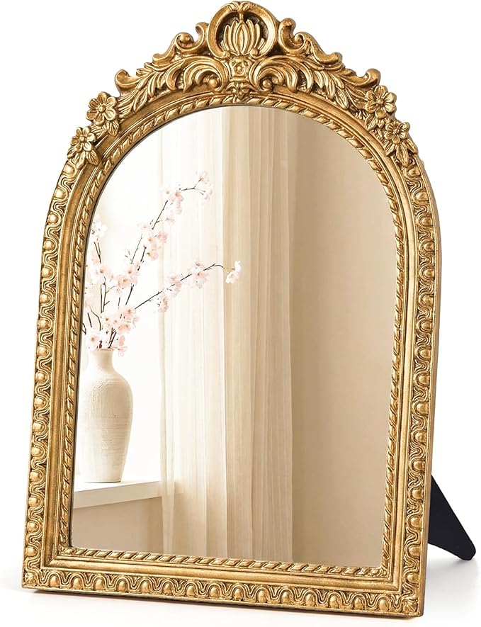 Vintage Gold Mirror for Desk, 10" x 7" Ornate Tabletop Vanity Mirror, Antique Style Decorative Small Mirror for Bedroom Dresser, Baroque Metal Frame Aesthetic Room Decor