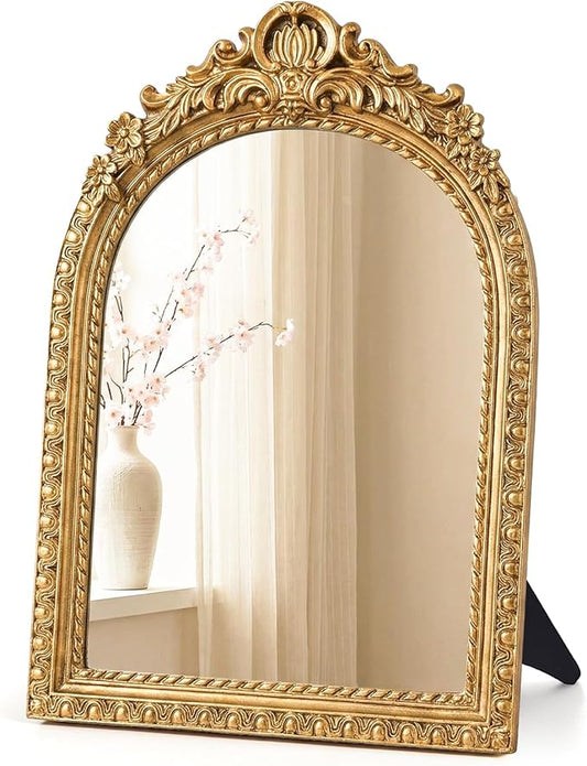 Vintage Gold Mirror for Desk, 10" x 7" Ornate Tabletop Vanity Mirror, Antique Style Decorative Small Mirror for Bedroom Dresser, Baroque Metal Frame Aesthetic Room Decor