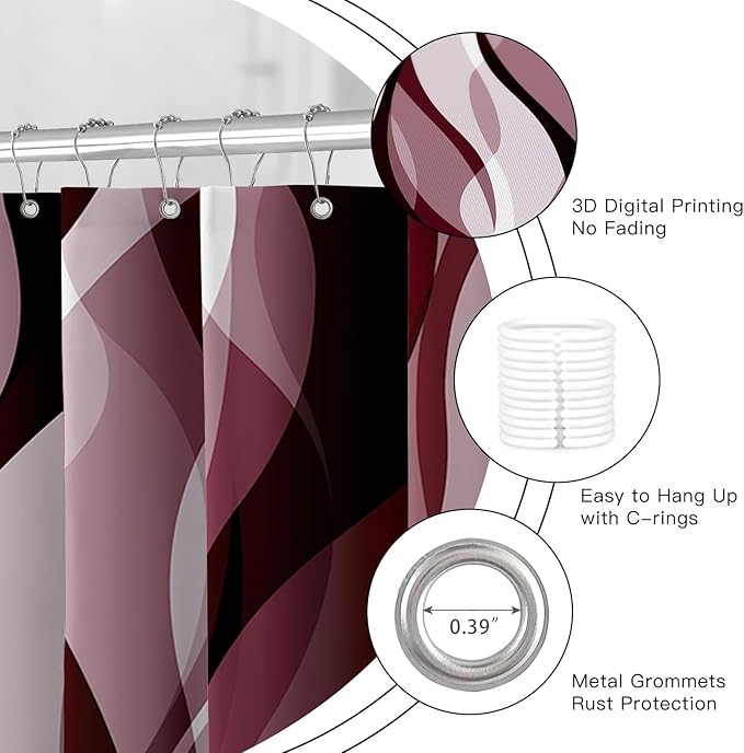 4PCS Burgundy Red Abstract Shower Curtain Sets with Rugs, Striped Bathroom Sets with Shower Curtain and Rugs, Modern Bathroom Curtains Shower Set with Toilet Lid Cover for Bathroom Decor
