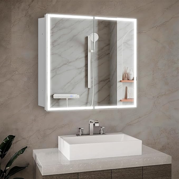 Medicine Cabinet with Led, 26X32 Inch Lighted Medicine Cabinet with Anti-Fog Mirror, 3 Glass Shelves, Dimmable LED, Recessed or Surface Mount Bathroom Smart Mirror Cabinet