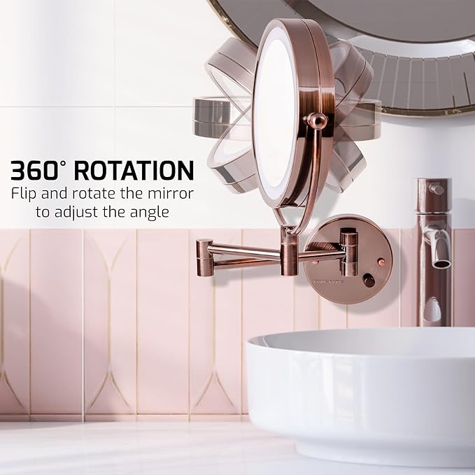 OVENTE Wall Mounted Lighted Makeup Vanity Mirror, 9" Hard Wired Double Sided 1X/7X Magnifying Bathroom Mirror, Dimmable LED Lights, 360° Rotation and 14" Extendable Arm, Antique Brass MPWD3185AB1X7X