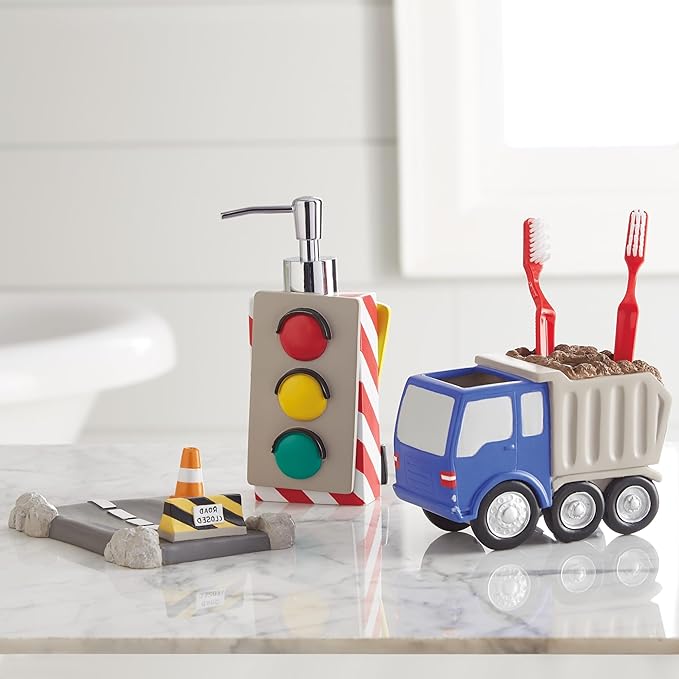 dream FACTORY Trains and Trucks Kids Bathroom Accessories Set - 3-Piece Organizer Décor for Bath Countertop - 1 Toothbrush Holder, 1 Lotion Pump / Soap Dispenser, 1 Soap Dish Tray, Grey