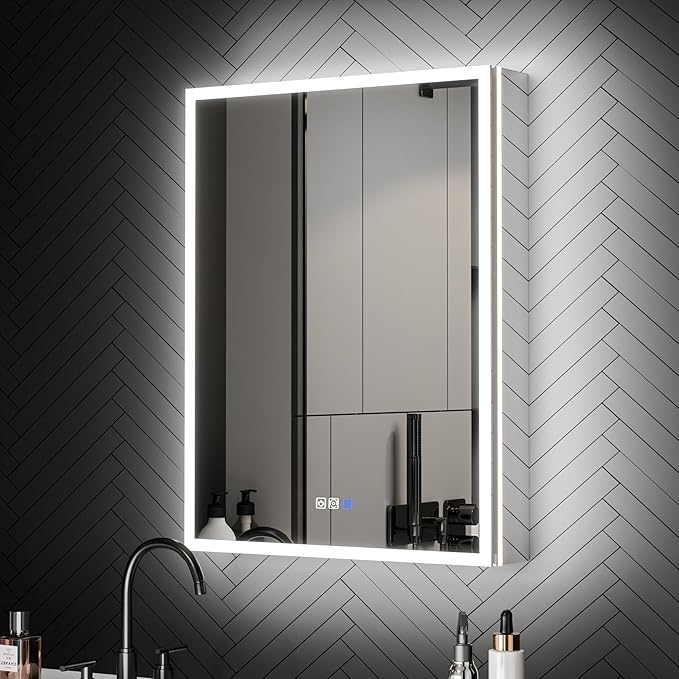 ExBrite 24 x 32 Lighted Medicine Cabinet with Mirror, Front&Backlit led Medicine Cabinet,Defog,5X Magnifier,3 Colors Temper Dimmable,Surface or Recessed Mount,Hinge on the Right