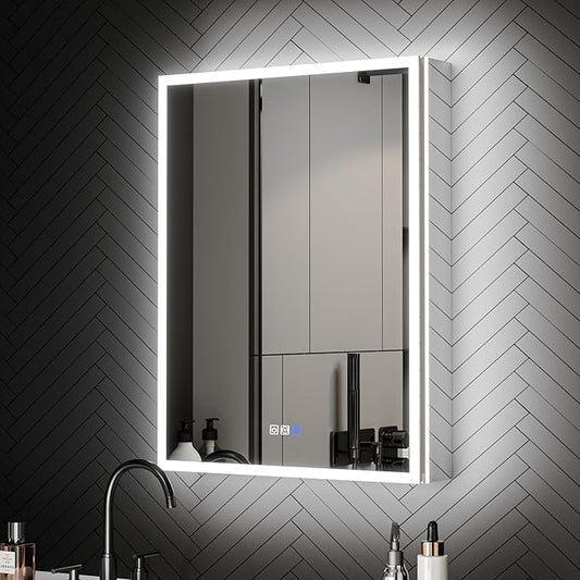 ExBrite 24 x 32 Lighted Medicine Cabinet with Mirror, Front&Backlit led Medicine Cabinet,Defog,5X Magnifier,3 Colors Temper Dimmable,Surface or Recessed Mount,Hinge on the Right