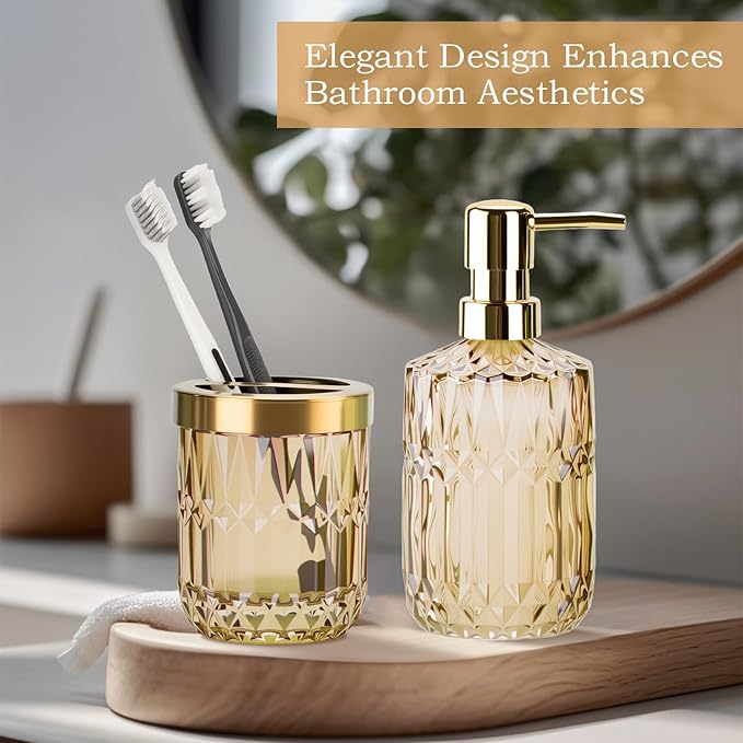 Glass Bathroom Accessories Set, 2PCS Clear Glass Bathroom Accessory, Toothbrush Holder and Soap Dispenser Set for Modern Bathroom Decor(Brown)